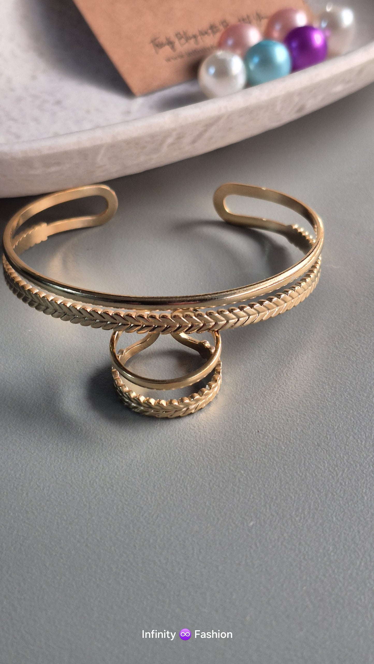 Golden Wrist band with finger ring_ Anti tarnish daily wear hand cuff
