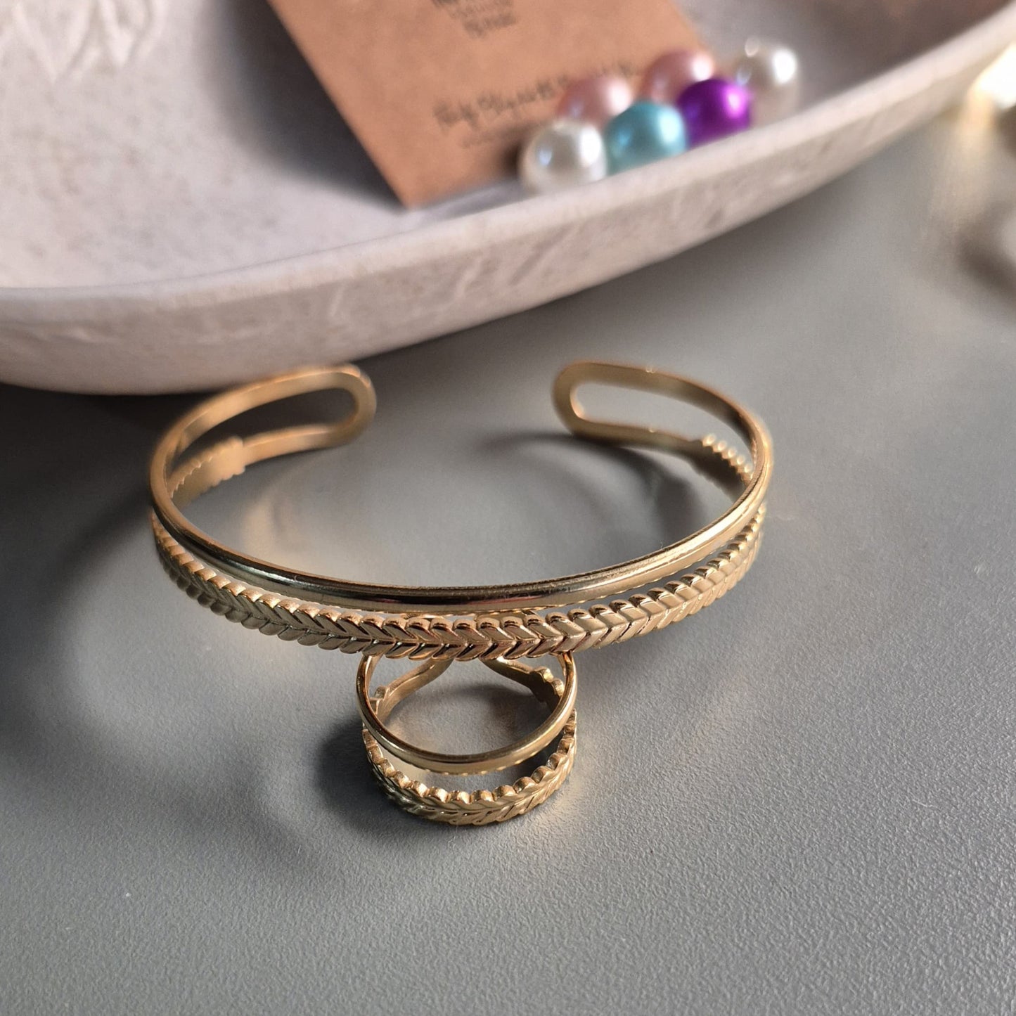 Golden Wrist band with finger ring_ Anti tarnish daily wear hand cuff