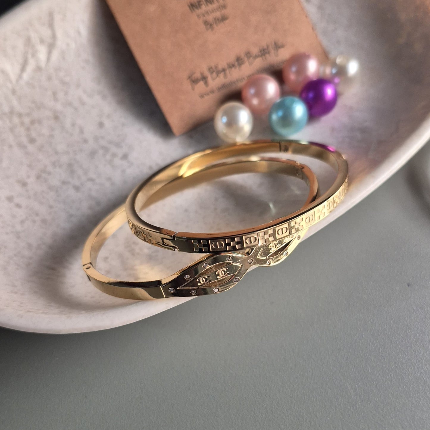 The Chanel engraved wrist band kada combo _ anti tarnish daily wear high quality hand cuff bracelet