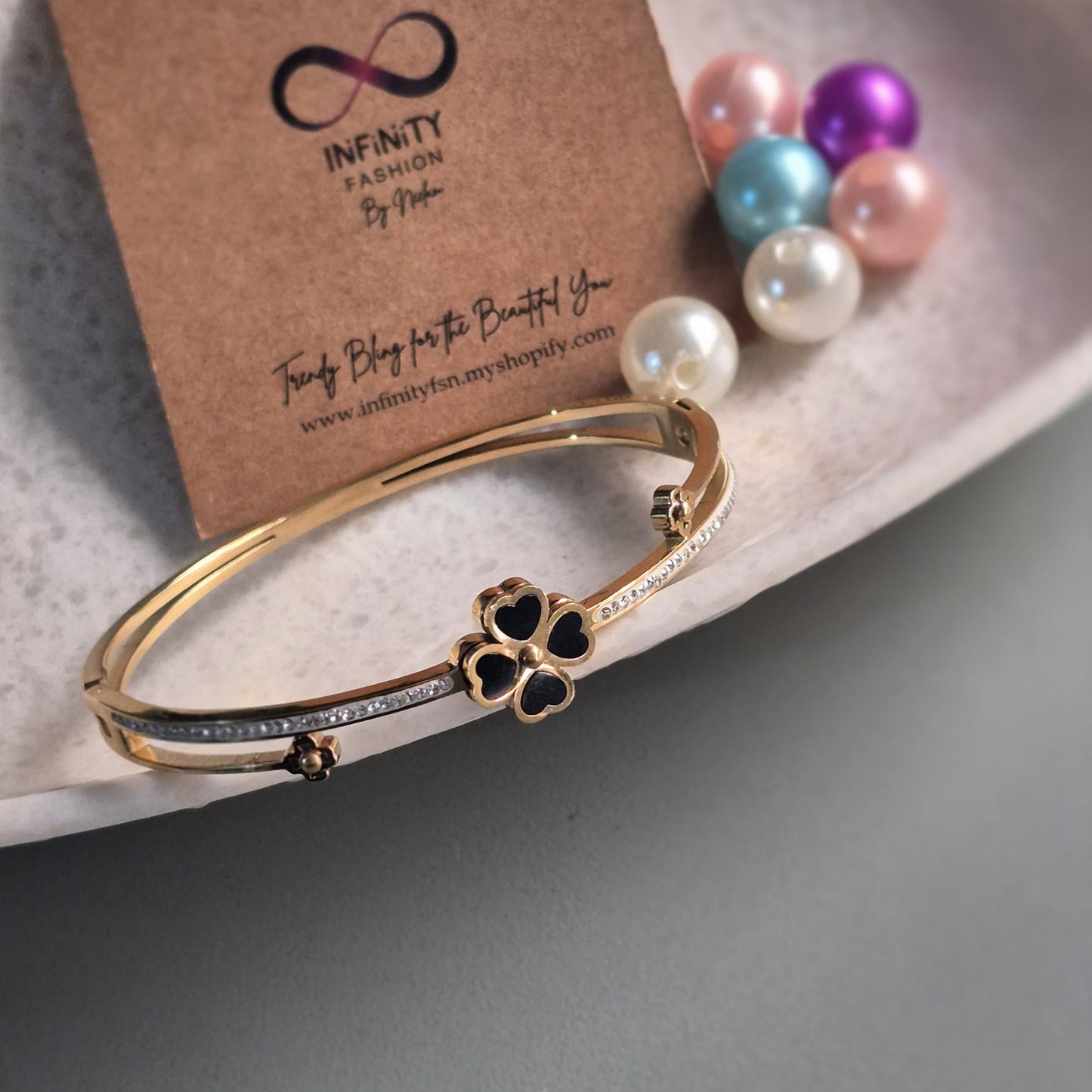 Golden A.D wrist band black flower_ anti tarnish daily wear high quality kada