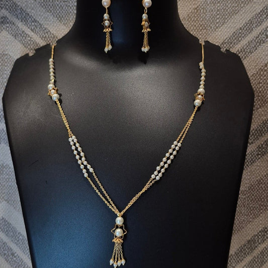 White tone double layered pearl necklace jumki pendant with matching jumkas