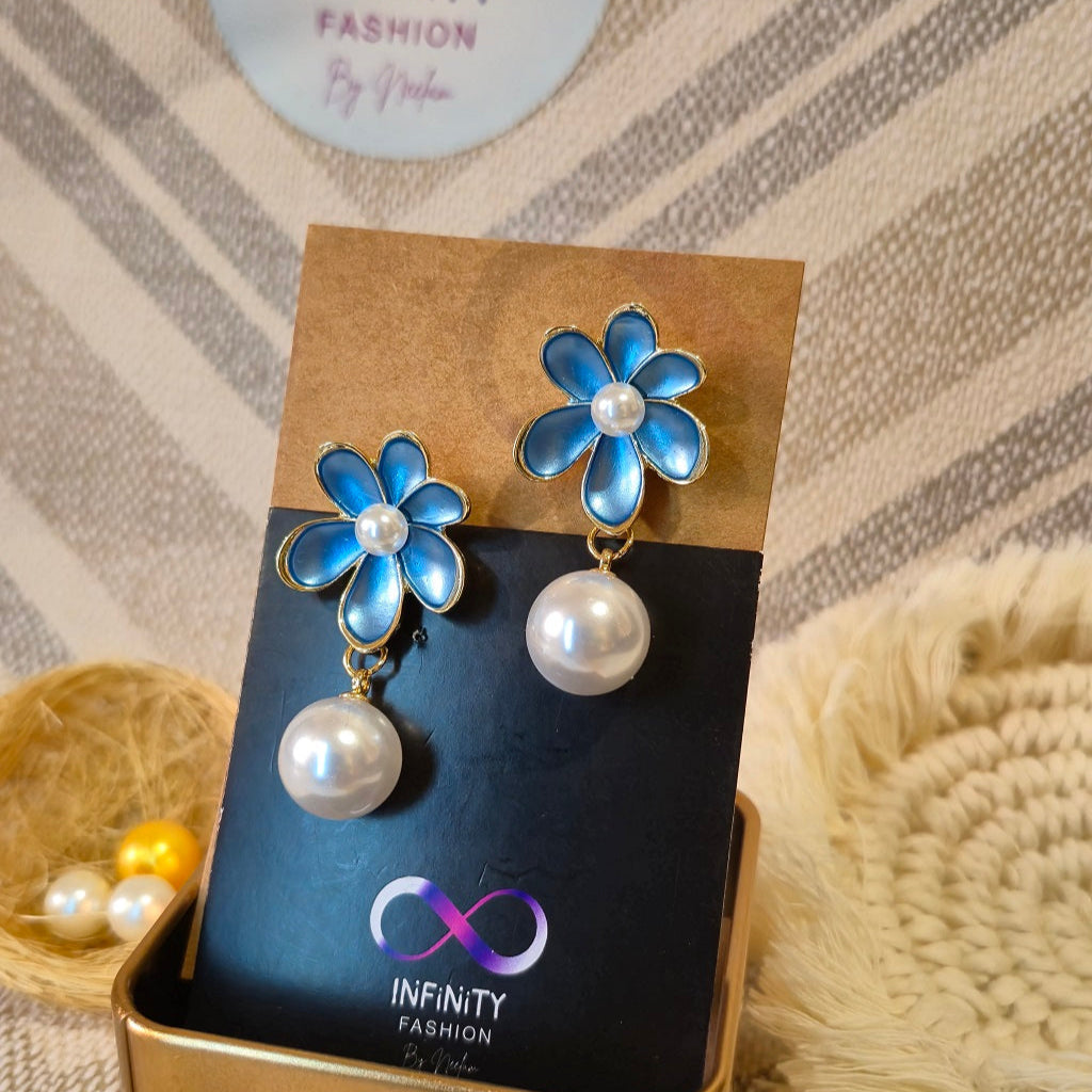 Blue Bloom Pearl Ear Hangings