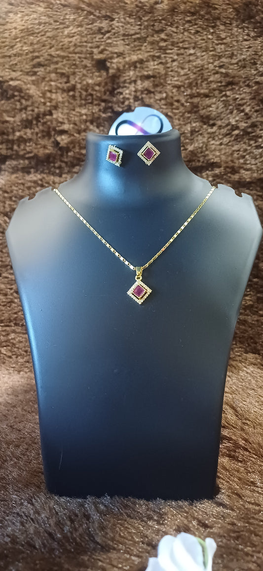 Ruby rhinestone chain pendant with matching ear studs