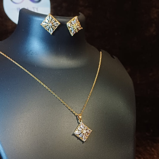 Square cut crystal studded pendant and chain with matching earrings