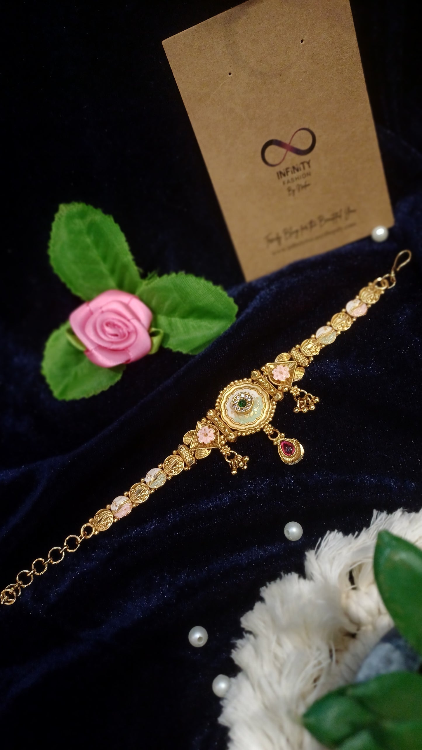 Designer golden bracelet with hangings solid band_ traditional look