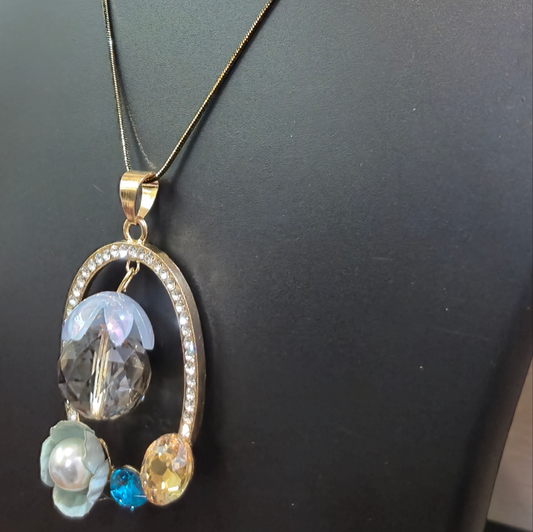 Long Necklace Double chains with crystal pendant
